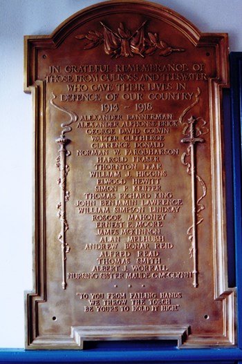 Teeswater Culross Roll of Honour plaque